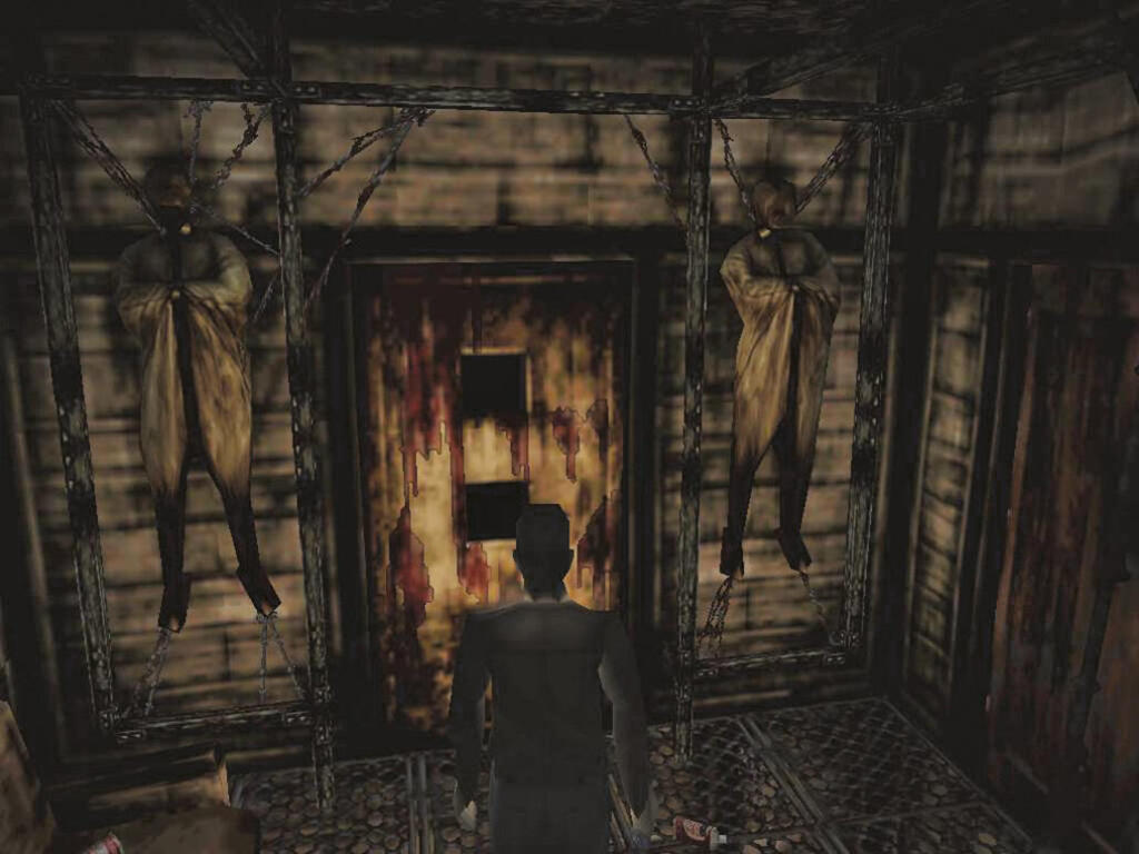 Silent Hill PlayStation 1 1999: Harry Mason esplora una stanza dell'Otherworld davanti a una porta insanguinata