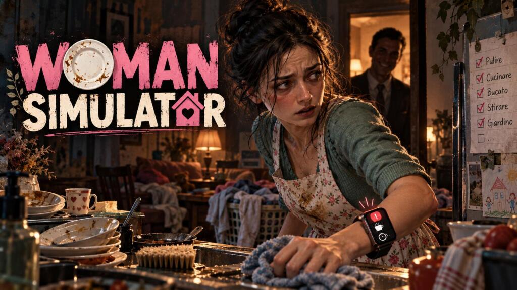 Locandina di Woman Simulator: una donna stressata pulisce una cucina disordinata mentre riceve un'allerta sullo smartwatch
