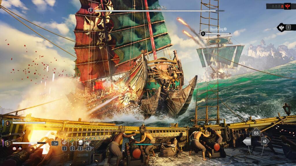 Skull and Bones: combattimento navale tra vascelli con cannoni e vele nell'oceano, screenshot di gioco