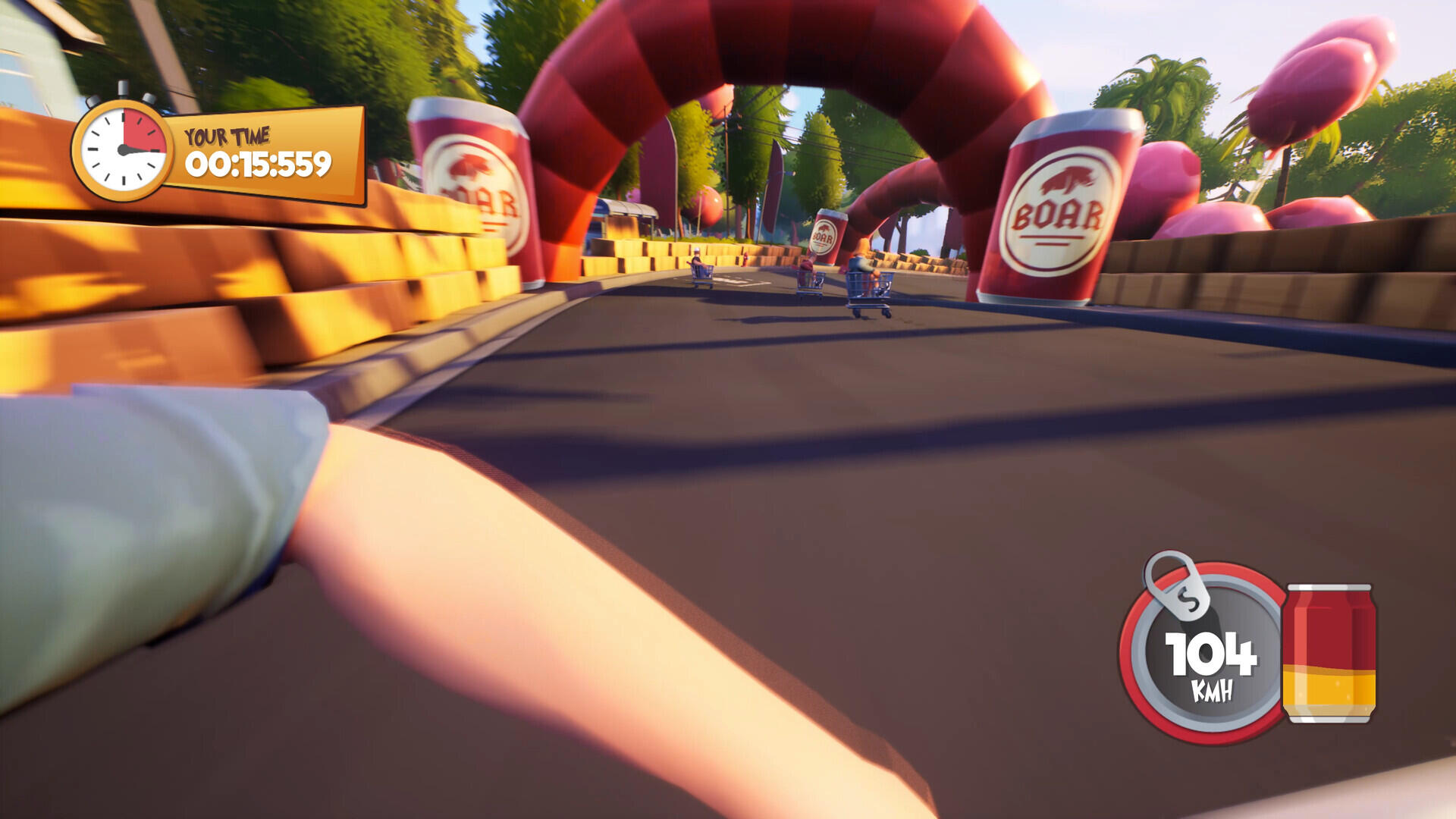 Screenshot gameplay di Slackers Carts of Glory con discesa cronometrata e circuito colorato