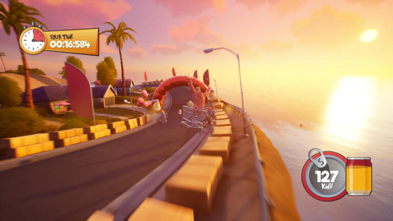 Slackers Carts of Glory, screenshot ufficiale di una discesa in carrello della spesa lungo una pista al tramonto