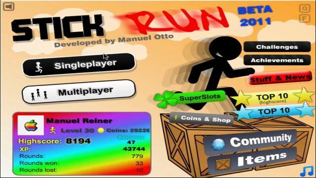 Stick Run: menu originale del 2011 con nome di Manuel Otto, modalità singleplayer e multiplayer