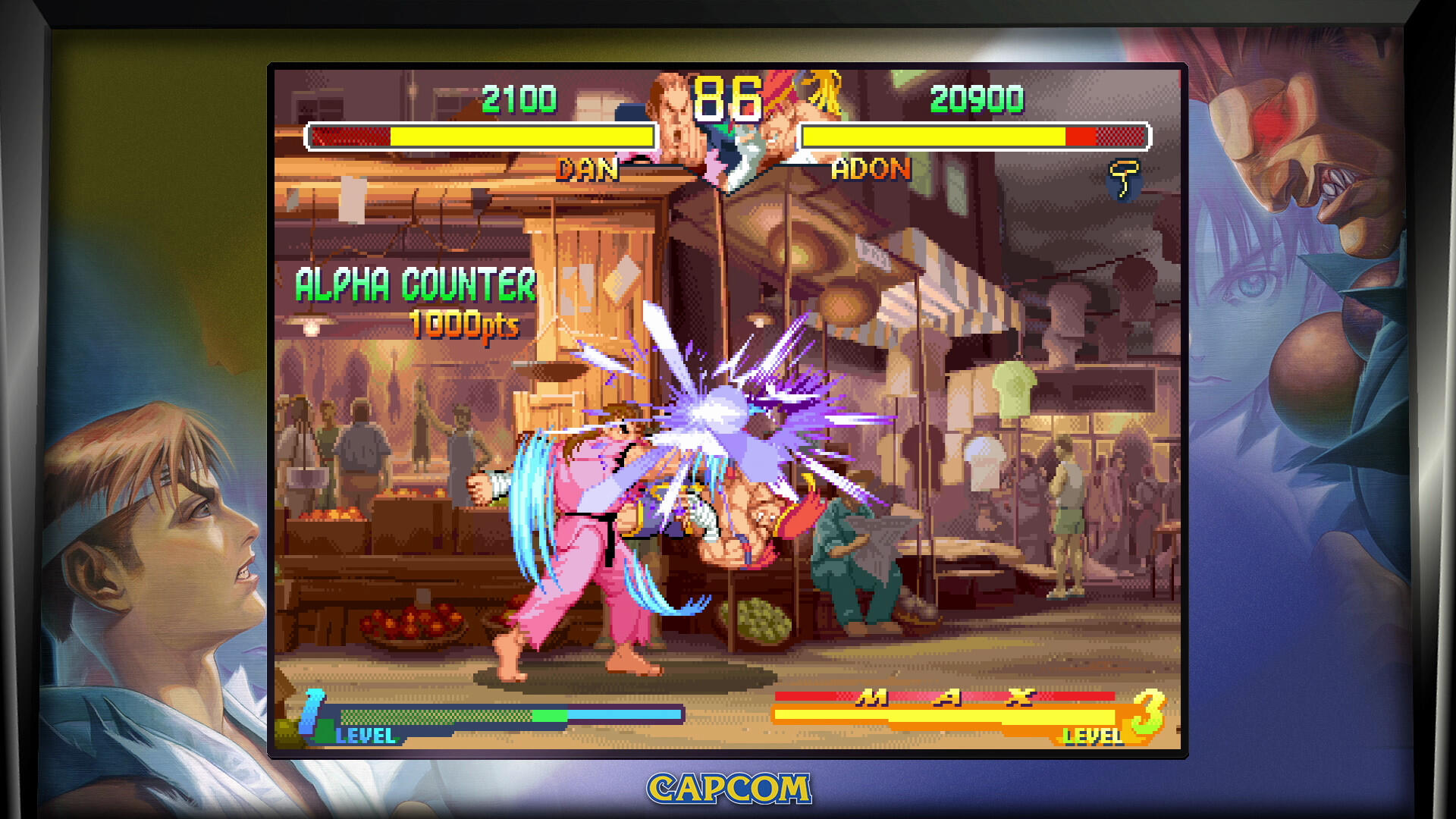 Street Fighter Alpha 3 nella raccolta 30th Anniversary Collection: Dan esegue un Alpha Counter contro Adon