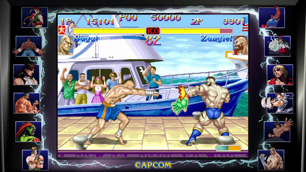 Street Fighter 30th Anniversary Collection: combattimento di Street Fighter II su uno yacht, screenshot ufficiale Capcom