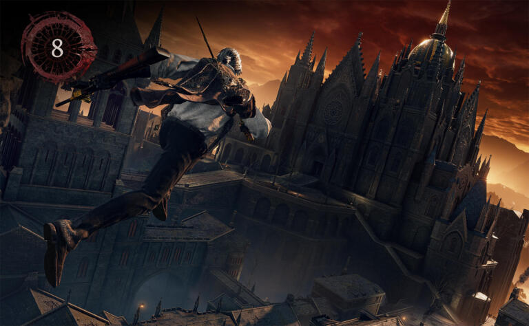 The Duskbloods: personaggio salta fra i tetti di una città gotica nel gioco FromSoftware per Nintendo Switch 2