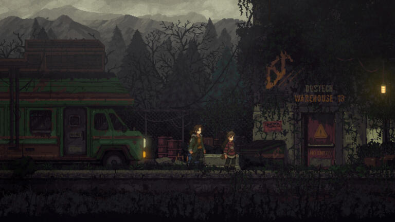 The Road of Dust and Sorrow: Katherine e Ava davanti a un magazzino abbandonato e ricoperto di vegetazione, screenshot ufficiale