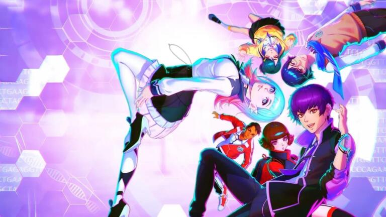 Personaggi del videogioco Villion:Code che fluttuano in cerchio su uno sfondo digitale viola luminoso con motivi esagonali