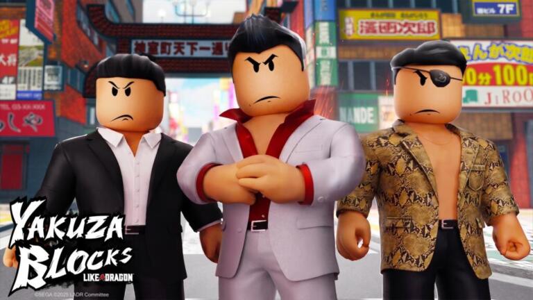 Yakuza Blocks Like a Dragon, tre personaggi in stile Roblox nelle strade di Kamurocho