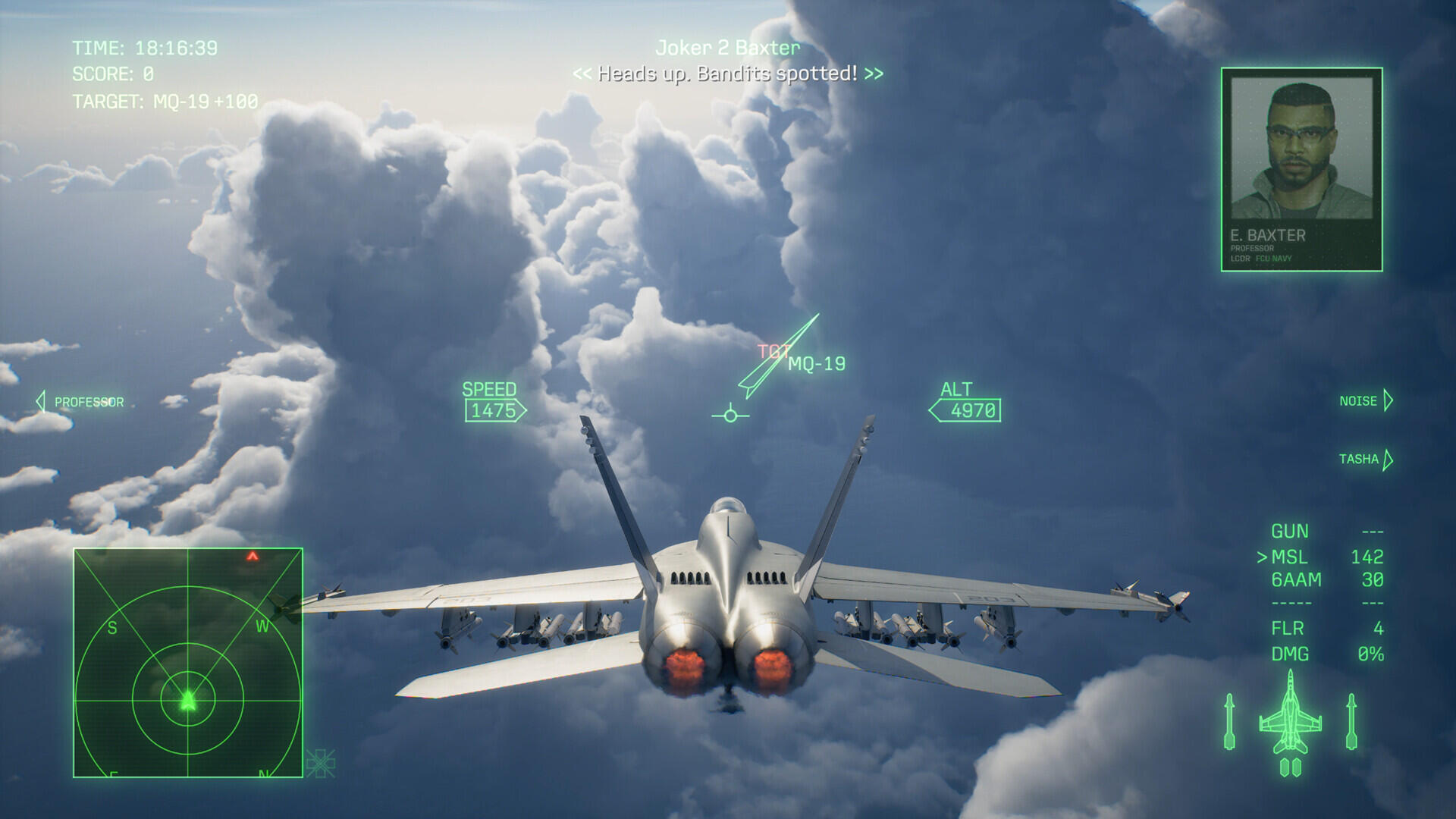 Screenshot in-game di Ace Combat 8: Wings of Theve con la visuale posteriore del velivolo e l'interfaccia HUD.