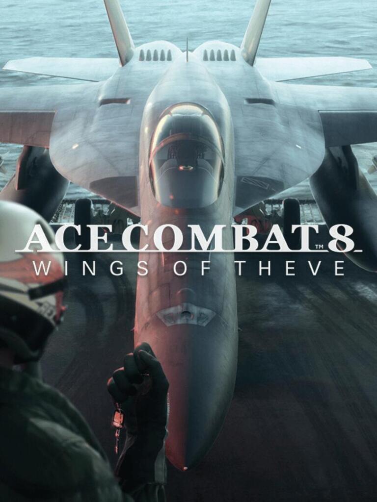 Copertina di Ace Combat 8: Wings of Theve con un caccia sul ponte di una portaerei e un pilota in primo piano.