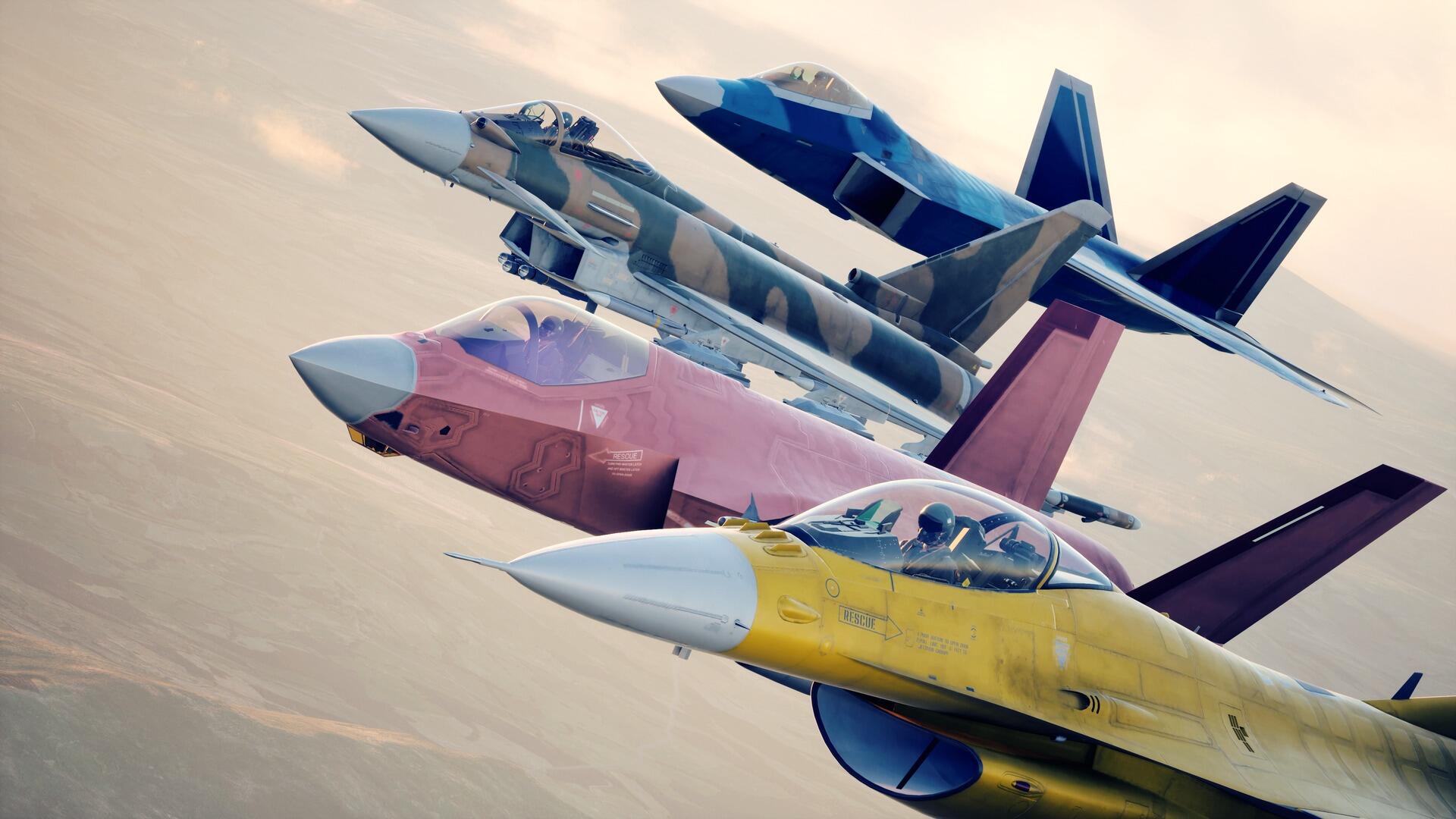 Screenshot di gioco di Ace Combat 8: Wings of Theve che ritrae quattro caccia dello squadrone Joker Flight in formazione serrata ad alta quota con livree personalizzate.