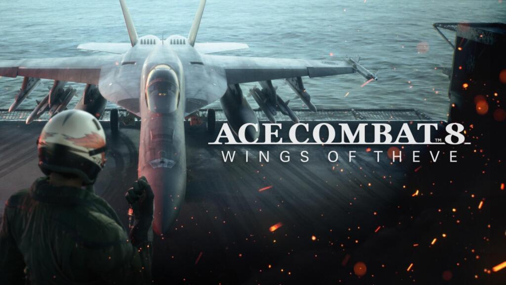 Key art ufficiale di Ace Combat 8: Wings of Theve che ritrae un pilota sul ponte di volo di una portaerei di fronte a un caccia militare F/A-18, accompagnato dal logo del videogioco.
