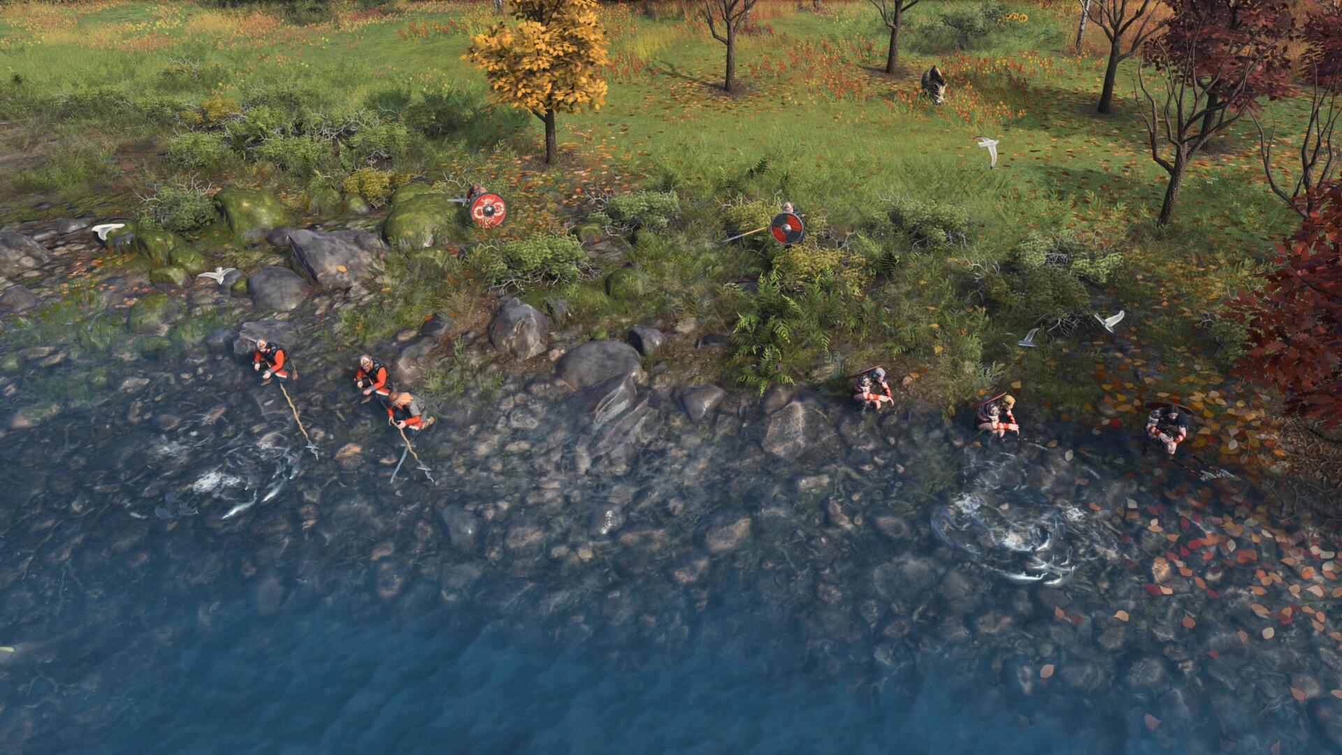 Screenshot in-game di Age of Empires IV con la civiltà dei Vichinghi e le strutture Longhouse