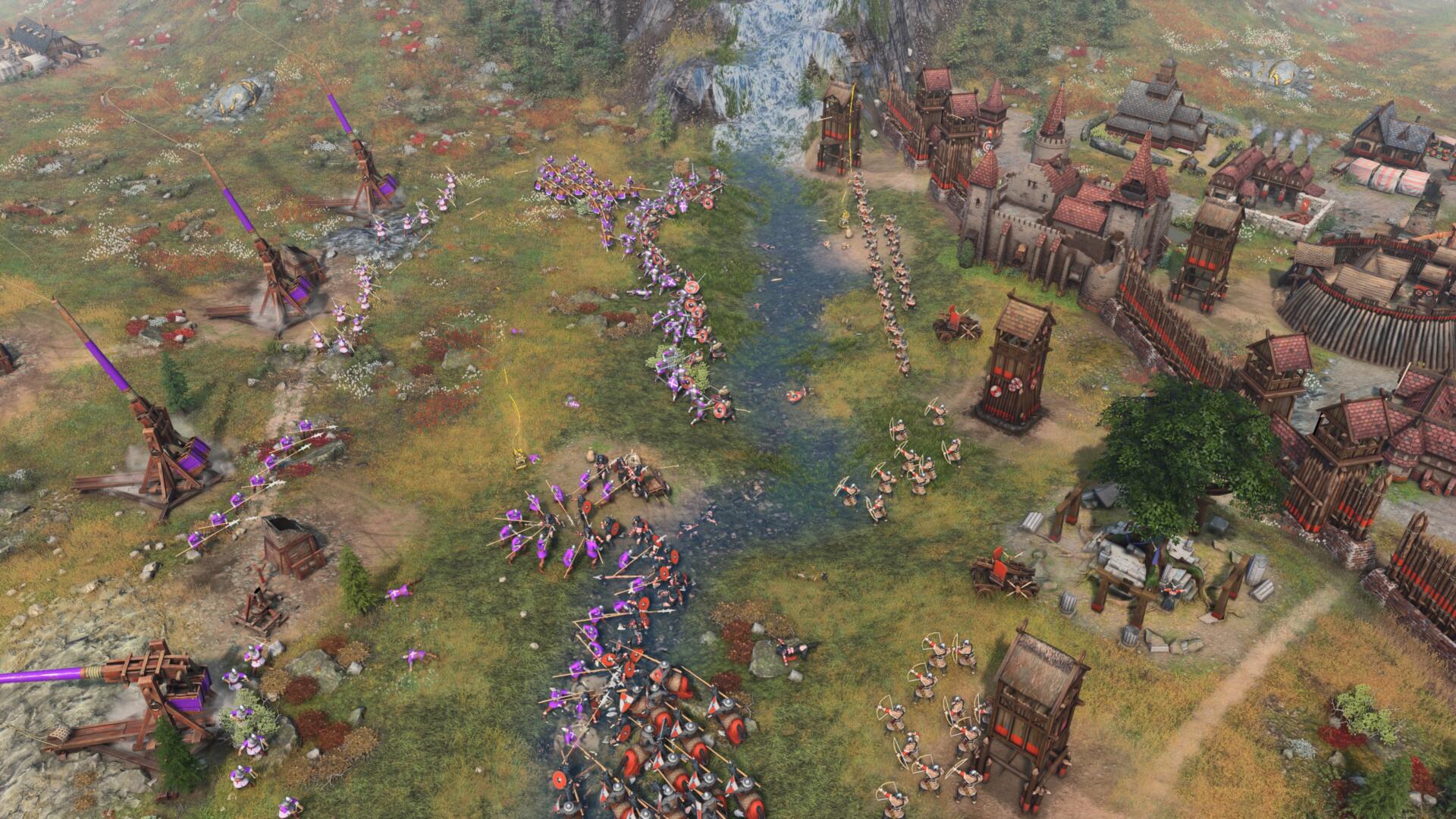 Screenshot di gioco di Age of Empires IV: Raiders of the North con truppe e fortificazioni