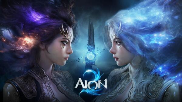 Artwork di AION 2 con due volti femminili di profilo, uno avvolto da una chioma viola scura e l'altro da una chioma azzurra luminosa, la torre al centro e il logo del gioco.