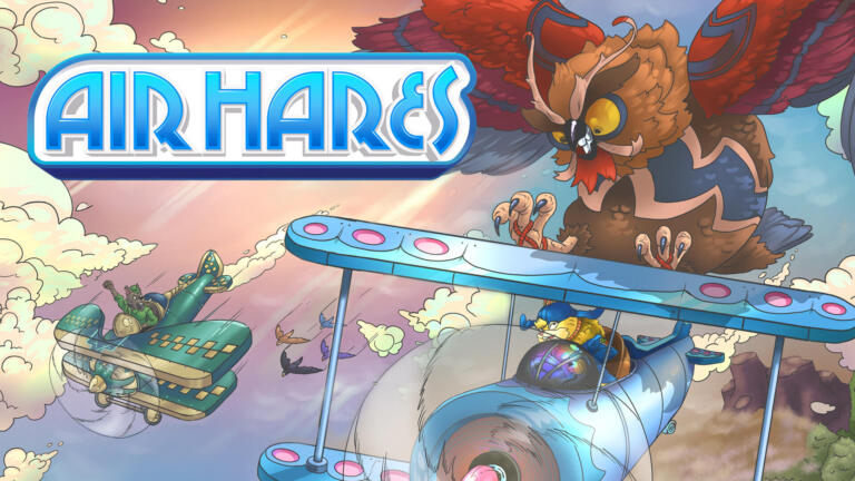 Illustrazione di Air Hares con il logo del gioco: un biplano blu inseguito da un grosso rapace dalle ali rosse e grigie, con un secondo aereo verde a sinistra.
