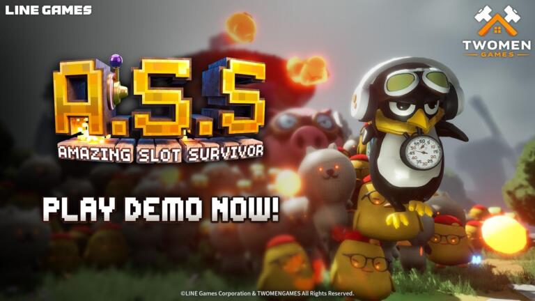 Un pinguino con occhiali da aviatore e cuffie in piedi su una creatura gialla, con il logo di Amazing Slot Survivor (A.S.S.) e la scritta Play Demo Now.