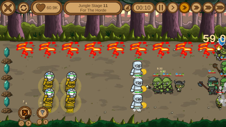 Schermata di Anvira: Forge Defense con una fila di golem gialli e bianchi nella giungla che affrontano goblin sotto una pioggia di fiamme.