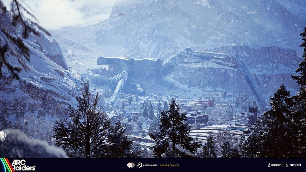 Screenshot ufficiale della nuova mappa Passo Pendola in ARC Raiders con la carcassa dell'Emperor caduto tra gli edifici innevati.