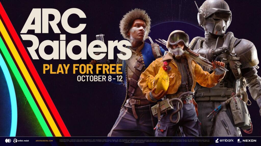 Key art promozionale ufficiale di ARC Raiders che annuncia il fine settimana di gioco gratuito dall'8 al 12 ottobre su PC, PlayStation 5 e Xbox Series X|S.