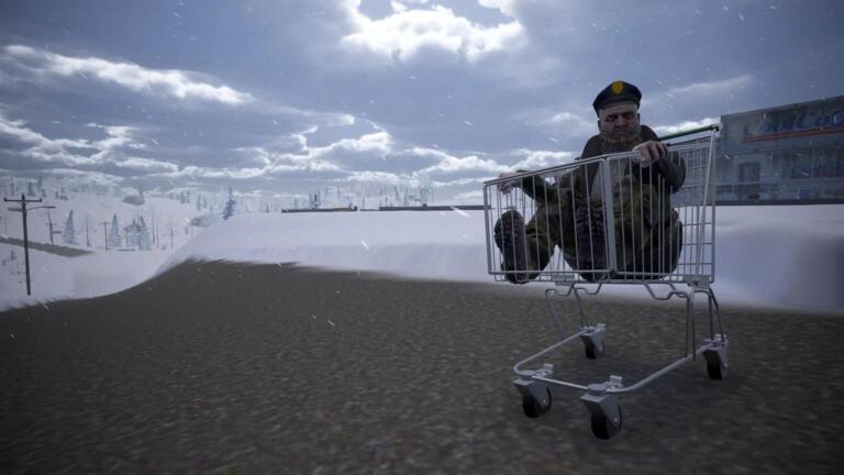 Un uomo con il berretto è seduto in un carrello della spesa su una strada innevata, sotto un cielo nuvoloso.