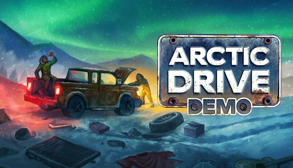 Due persone in giacca invernale accanto a un pick-up con il cofano aperto, sotto l'aurora boreale, con il logo di Arctic Drive Demo.