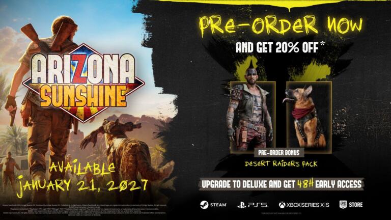 Sunny di spalle con un fucile e il cane Buddy nel deserto dell'Arizona accanto al logo di Arizona Sunshine e al Desert Raiders Pack.