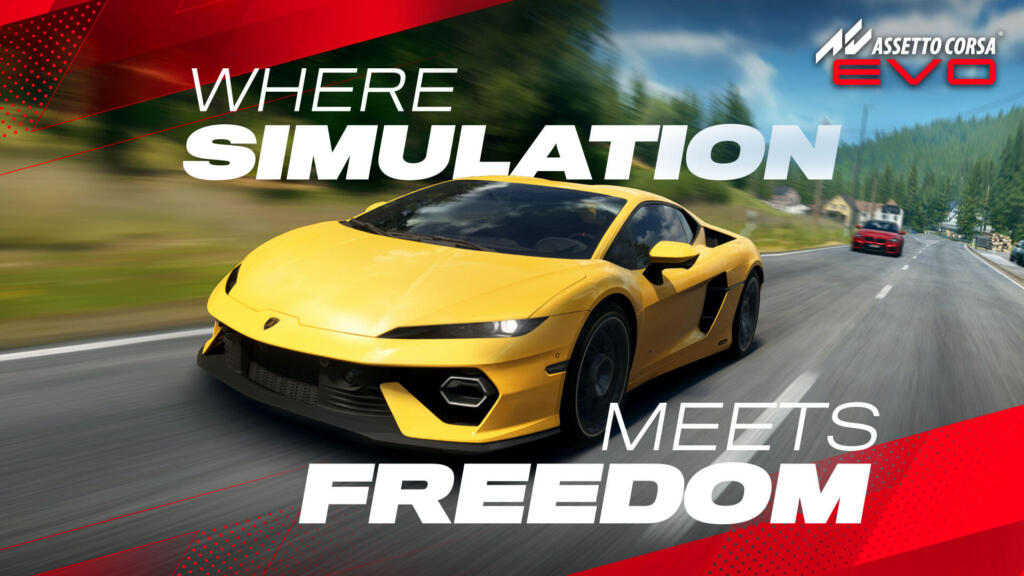 Schermata ufficiale di Assetto Corsa EVO che ritrae una vettura sportiva lungo le strade aperte della regione dell'Eifel nei pressi del Nürburgring.