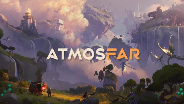Logo di Atmosfar su un paesaggio alieno con isole fluttuanti, cascate, un faro, creature alate e un esploratore accanto a un veicolo rosso.