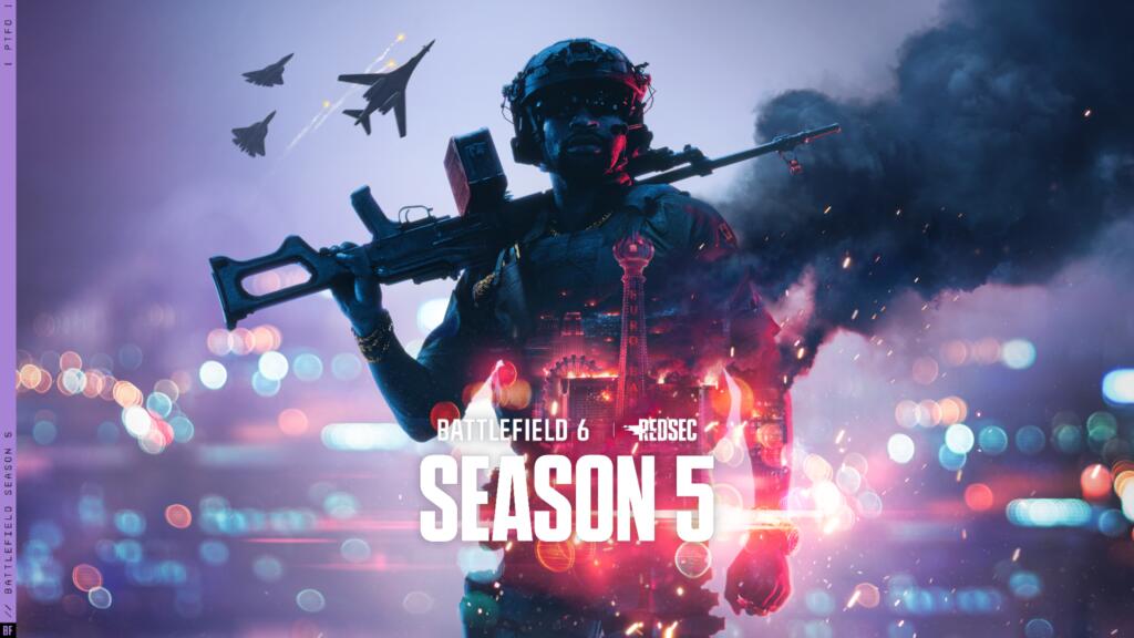 Key art ufficiale della Stagione 5 di Battlefield 6 e REDSEC con soldato armato sullo sfondo dei casinò di Las Vegas.