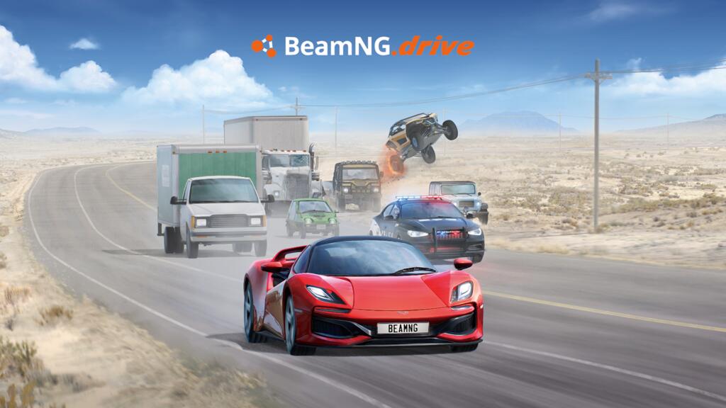 Una supercar rossa su una strada nel deserto, inseguita da camion, fuoristrada e auto della polizia, sotto il logo di BeamNG.drive.