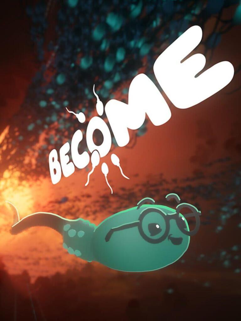 Uno spermatozoo verde con gli occhiali che nuota su uno sfondo rosso scuro, sotto il logo di Become.