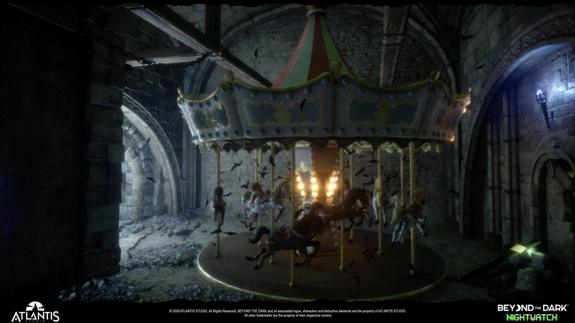 Screenshot in-game di Beyond the Dark: Nightwatch raffigurante una giostra d'epoca con cavalli circondata da pipistrelli sotto arcate di pietra.