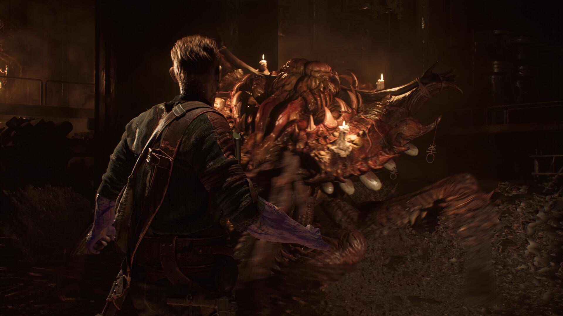 Screenshot di gameplay in terza persona di Black Tides: Draga's Wake che ritrae uno scontro ravvicinato contro un'enorme creatura mostruosa adornata di candele rituali.