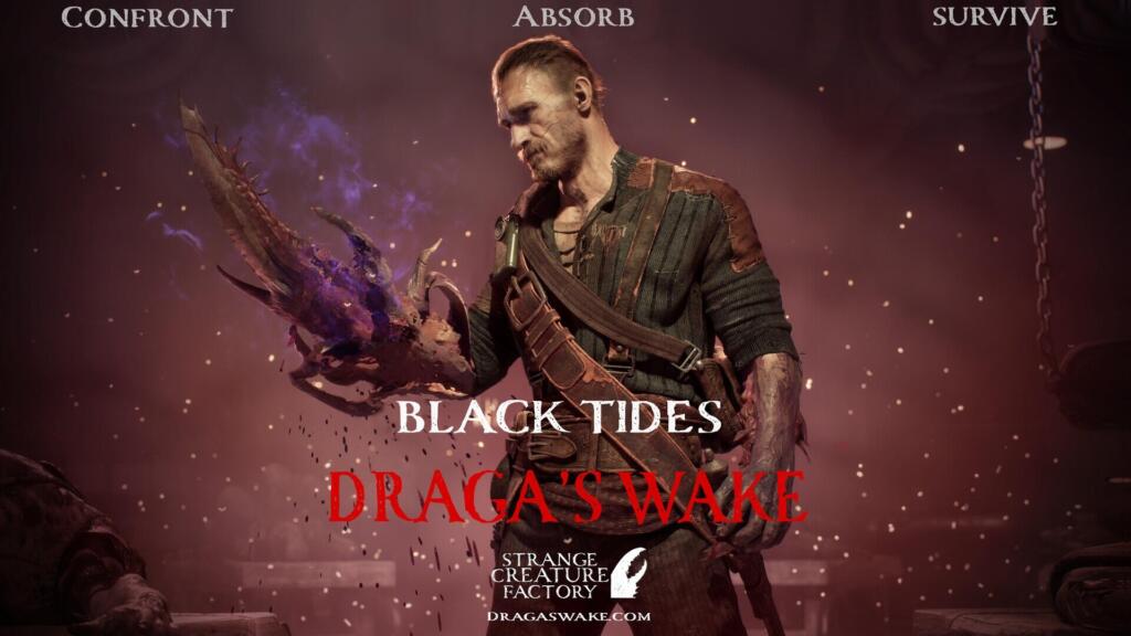 Artwork promozionale ufficiale di Black Tides: Draga's Wake che ritrae il protagonista Draga Bolivar con il braccio mutato ed emanazioni di energia cosmica viola, sormontato dal logo del videogioco.