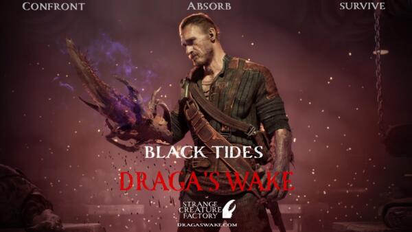 Artwork promozionale ufficiale di Black Tides: Draga's Wake che ritrae il protagonista Draga Bolivar con il braccio mutato ed emanazioni di energia cosmica viola, sormontato dal logo del videogioco.