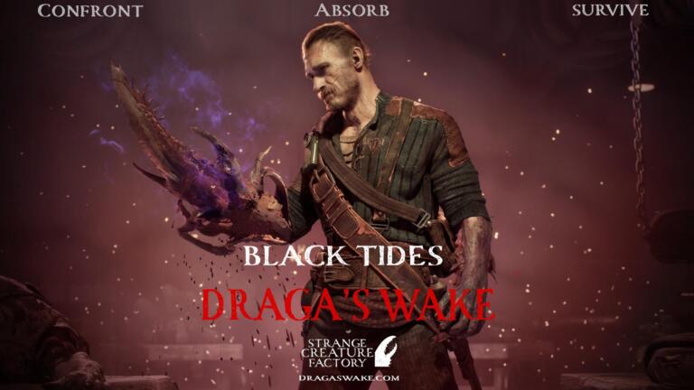 Artwork promozionale ufficiale di Black Tides: Draga's Wake che ritrae il protagonista Draga Bolivar con il braccio mutato ed emanazioni di energia cosmica viola, sormontato dal logo del videogioco.