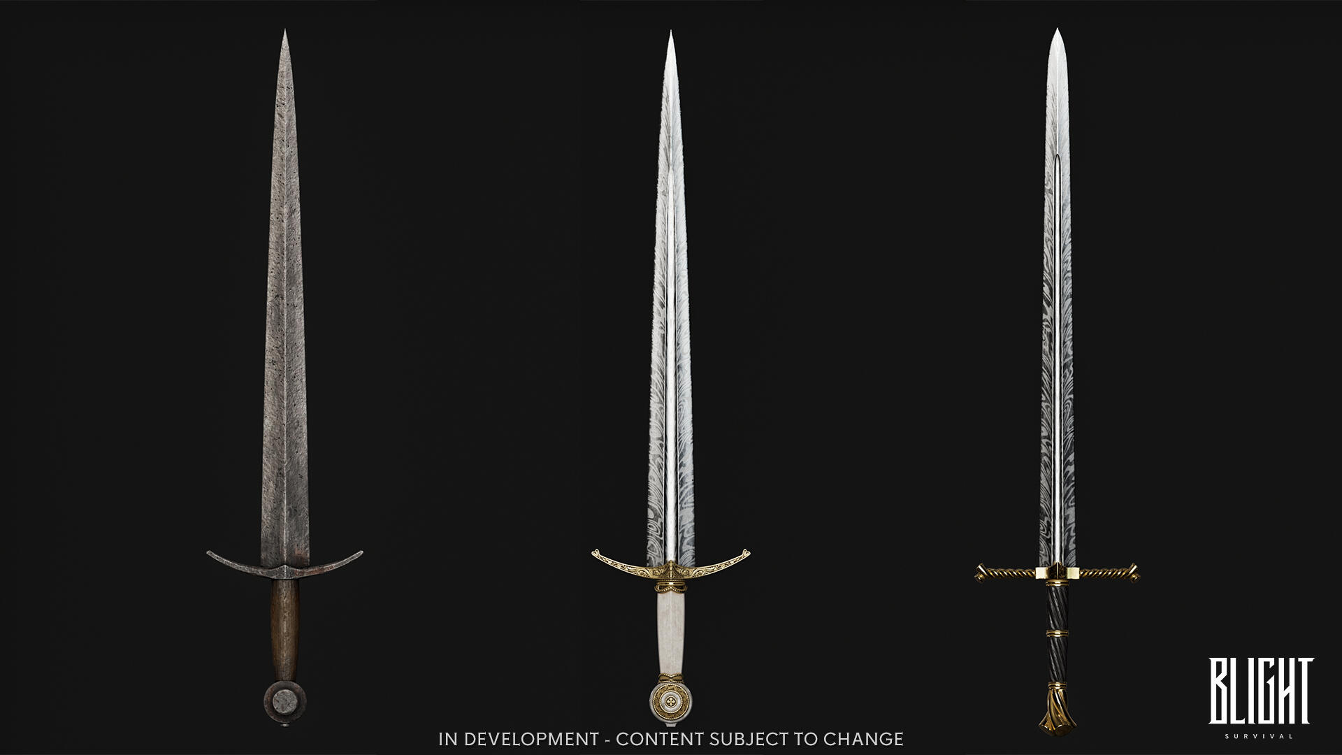 Modelli 3D e render concettuali di spade medievali per Blight: Survival con diversi gradi di finitura e rarità