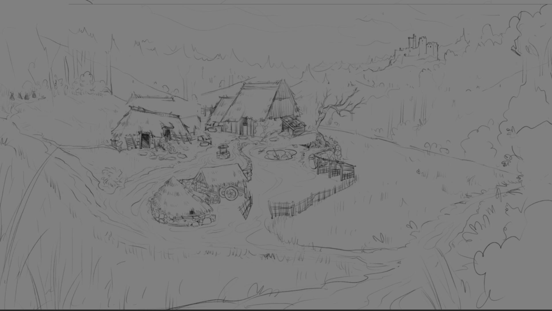 Concept art ufficiale della fattoria medievale concepita come punto d'interesse esplorabile in Blight: Survival