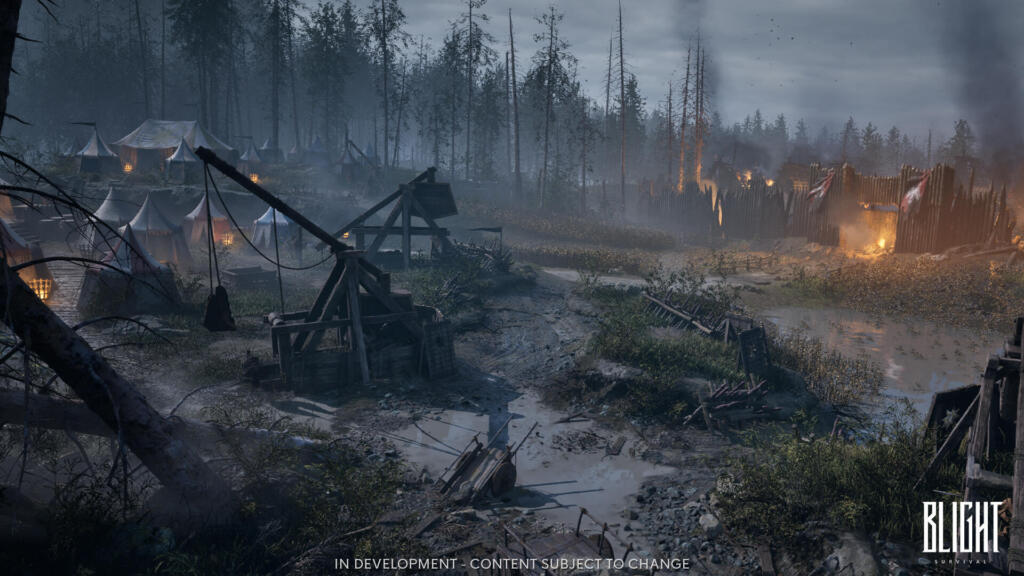 Screenshot in-engine ufficiale di Blight: Survival che mostra un accampamento d'assedio medievale con trabucchi, tende e palizzate in fiamme.