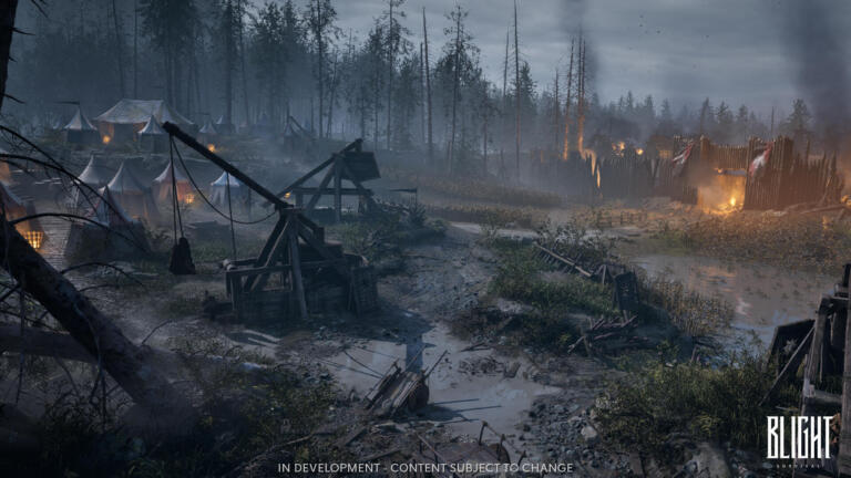 Screenshot in-engine ufficiale di Blight: Survival che mostra un accampamento d'assedio medievale con trabucchi, tende e palizzate in fiamme.