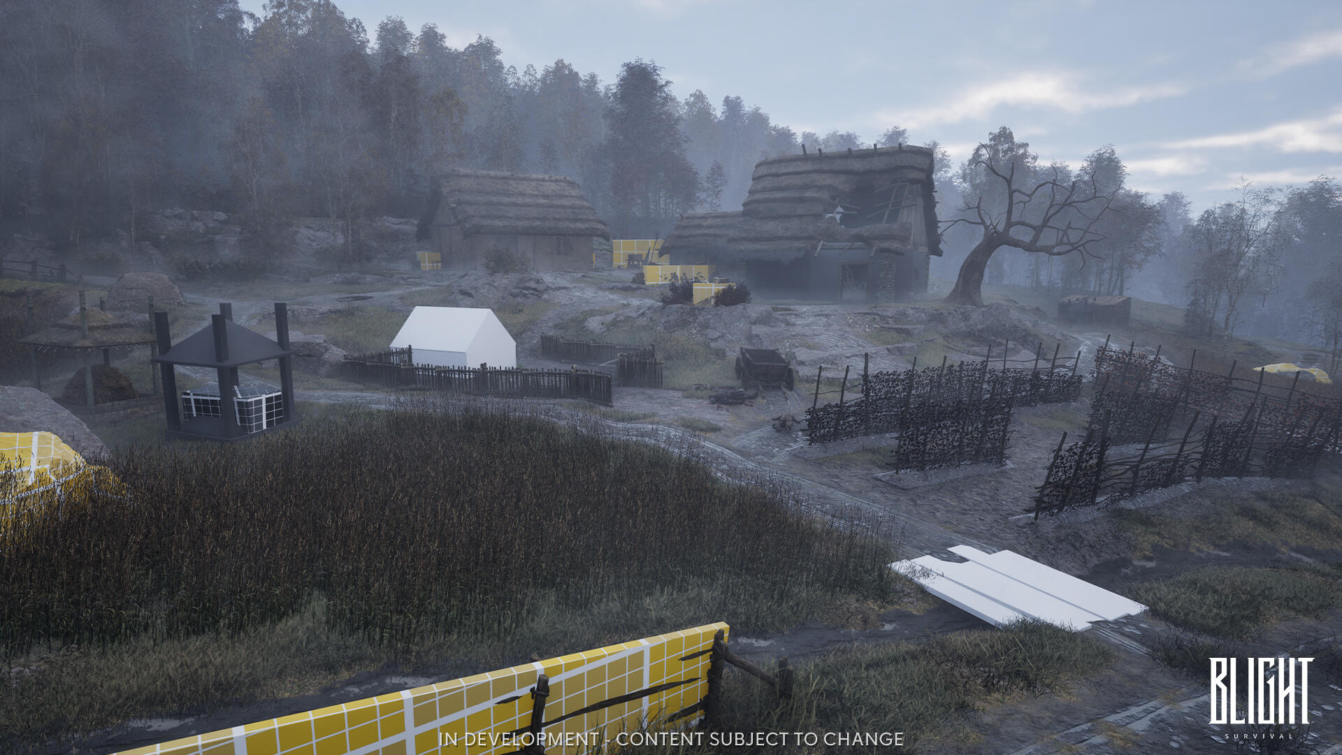 Screenshot in-engine di Blight: Survival che ritrae i primi test volumetrici e ambientali della fattoria medievale in Unreal Engine