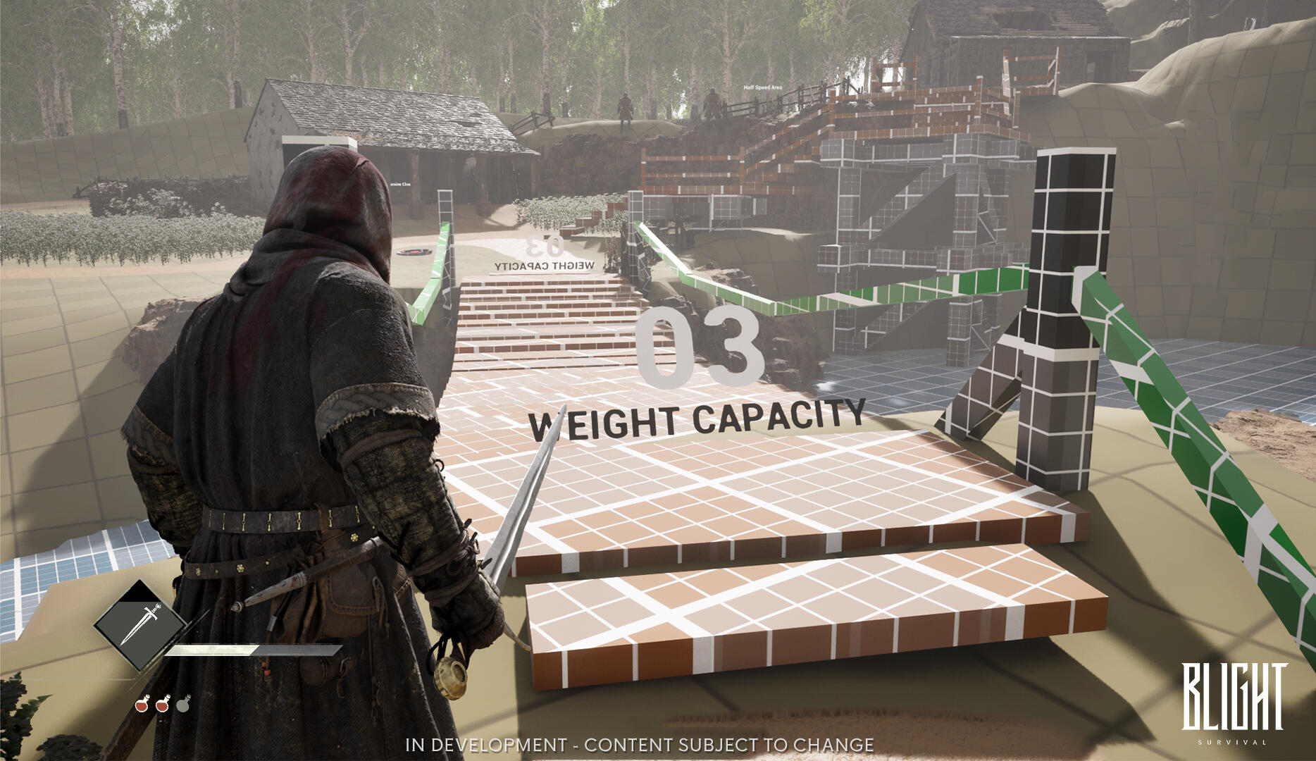 Screenshot in-engine del prototipo di gameplay in Blight: Survival con un ponte sospeso soggetto a limite di carico e collasso strutturale