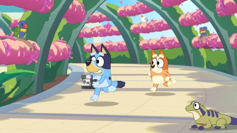 Bluey e Bingo corrono in un giardino con archi di fiori rosa, in una scena di Bluey's Happy Snaps.