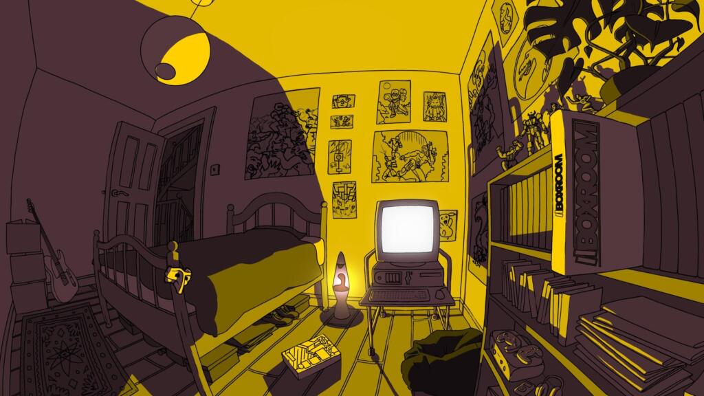 Illustrazione in giallo e marrone di una cameretta con letto, vecchio computer acceso, lampada lava e uno scaffale con la scatola di Boxroom.