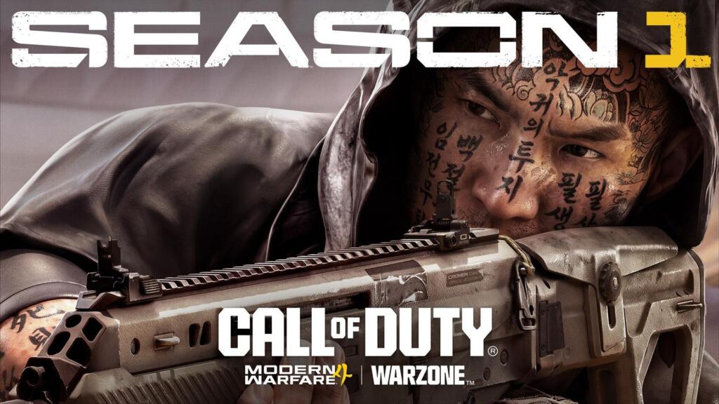 Un operatore incappucciato con il volto coperto da scritte punta un fucile d'assalto, accanto al titolo Season 1 di Call of Duty: Modern Warfare 4 e Warzone.