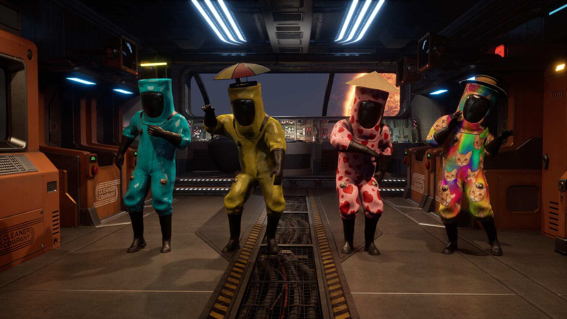 Quattro addetti alle pulizie in tute protettive di colori diversi camminano in un corridoio di una struttura spaziale.