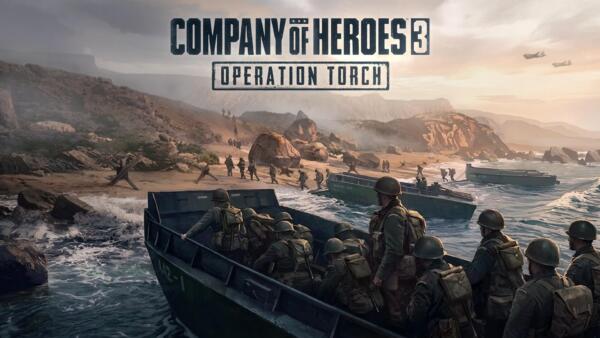 Soldati americani su un mezzo da sbarco si avvicinano a una spiaggia rocciosa, sotto il logo di Company of Heroes 3: Operation Torch.