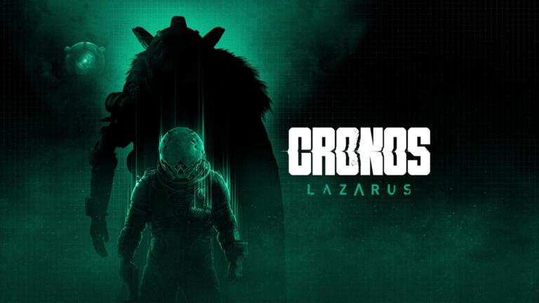 La sagoma di un astronauta con il casco illuminato di verde davanti a una figura gigante con la pelliccia, accanto al logo di Cronos: Lazarus.