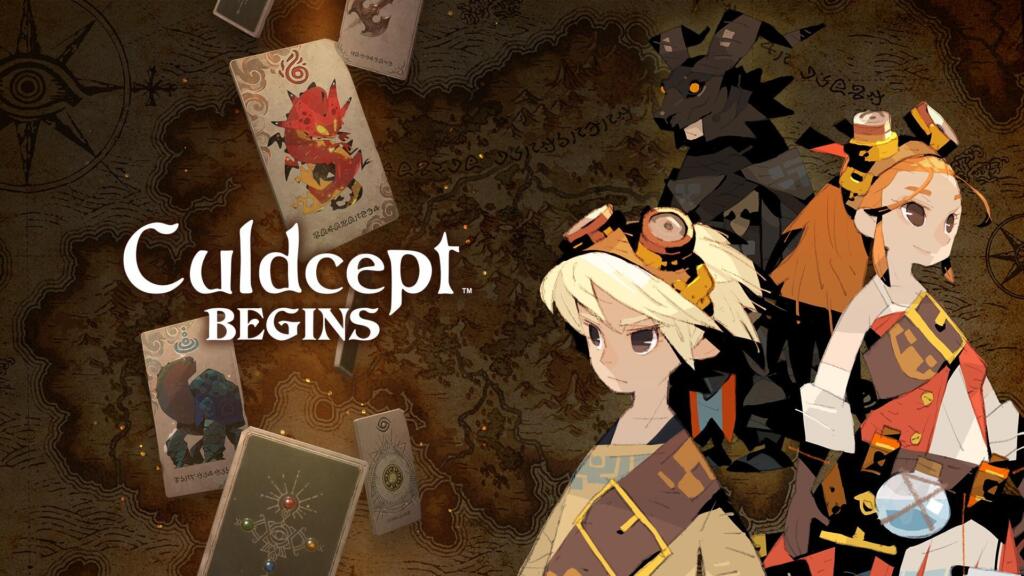 Key art di Culdcept Begins con il logo del gioco, carte sparse su una mappa e tre personaggi sulla destra.